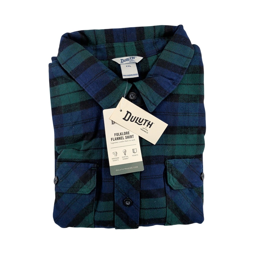 Duluth Trading Co Folklore Flannel Shirt XXL Emerald Blue Plaid 56461 NWT
